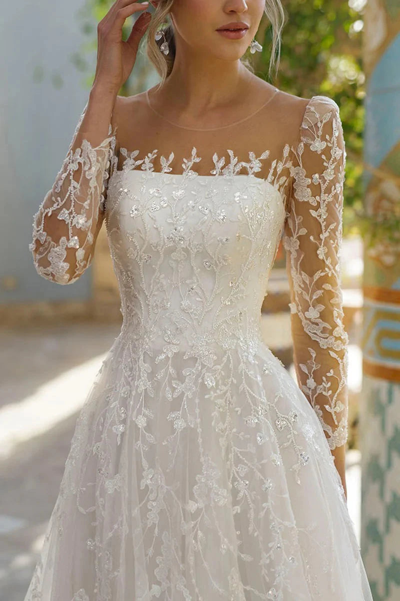 Enchanted Lace Ballgown Square-Neck Sheer-Long-Sleeve Embellished-Train Wedding Dress by YiHuiw