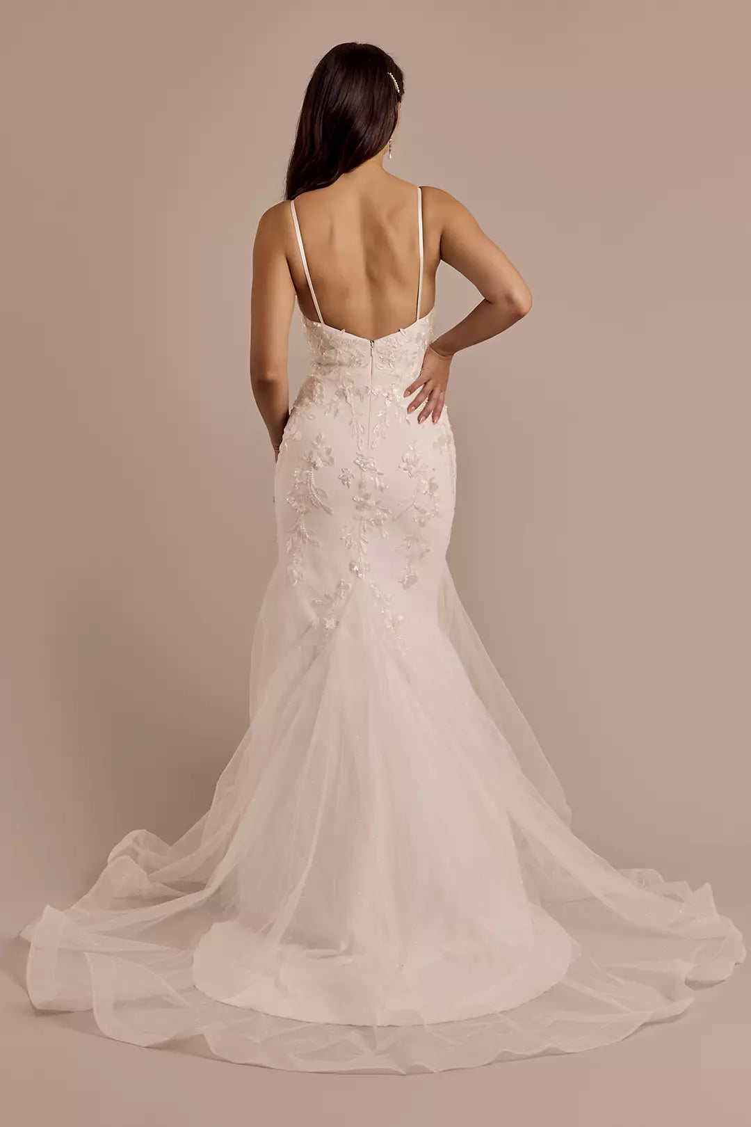 Enchanted Mermaid Spaghetti-Strap Square-Neck 3D Lace Sequin-Tulle Low-Back Sweeping Train Wedding Dress