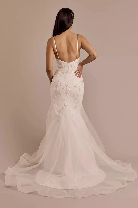 Enchanted Mermaid Spaghetti-Strap Square-Neck 3D Lace Sequin-Tulle Low-Back Sweeping Train Wedding Dress by YiHuiw