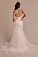 Enchanted Mermaid Spaghetti-Strap Square-Neck 3D Lace Sequin-Tulle Low-Back Sweeping Train Wedding Dress