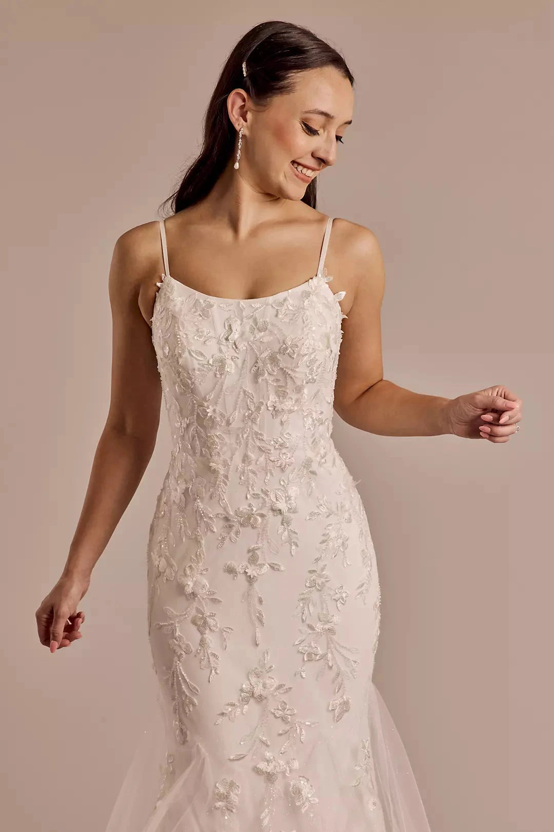 Enchanted Mermaid Spaghetti-Strap Square-Neck 3D Lace Sequin-Tulle Low-Back Sweeping Train Wedding Dress by YiHuiw