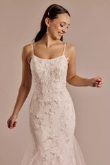 Enchanted Mermaid Spaghetti-Strap Square-Neck 3D Lace Sequin-Tulle Low-Back Sweeping Train Wedding Dress