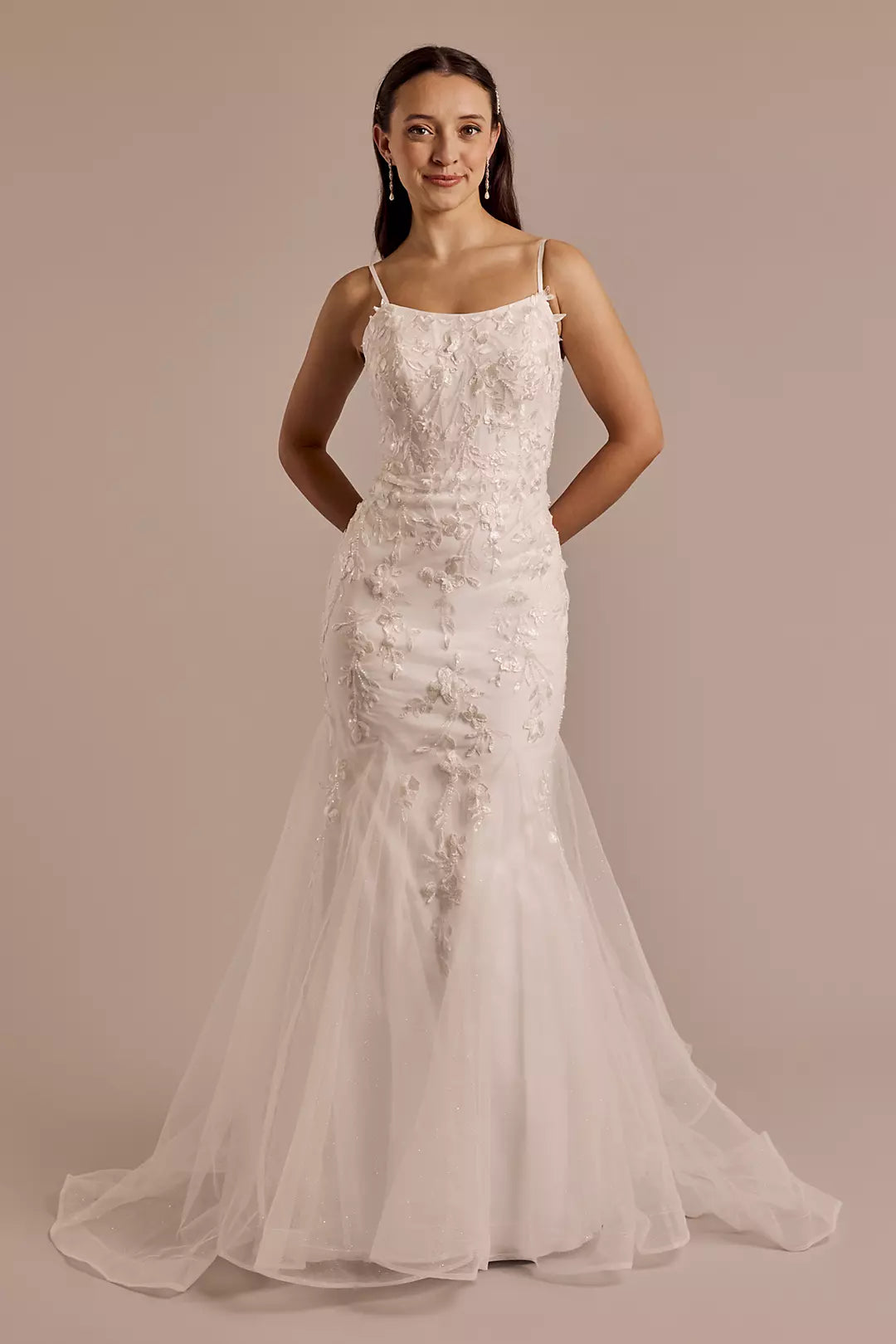 Enchanted Mermaid Spaghetti-Strap Square-Neck 3D Lace Sequin-Tulle Low-Back Sweeping Train Wedding Dress