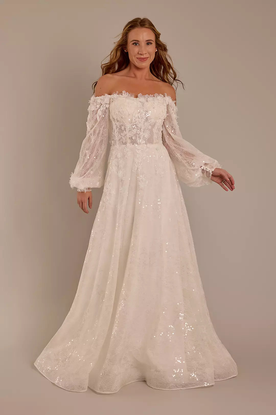 Enchanted Sparkle Ballgown Off-the-Shoulder Sheer Puff-Sleeve 3D Lace Sequin-Tulle Open-Back Train Wedding Dress