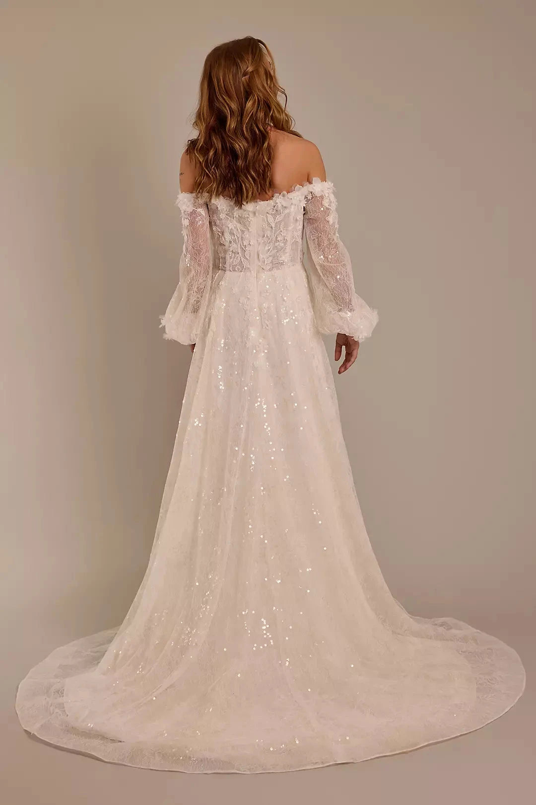 Enchanted Sparkle Ballgown Off-the-Shoulder Sheer Puff-Sleeve 3D Lace Sequin-Tulle Open-Back Train Wedding Dress by YiHuiw