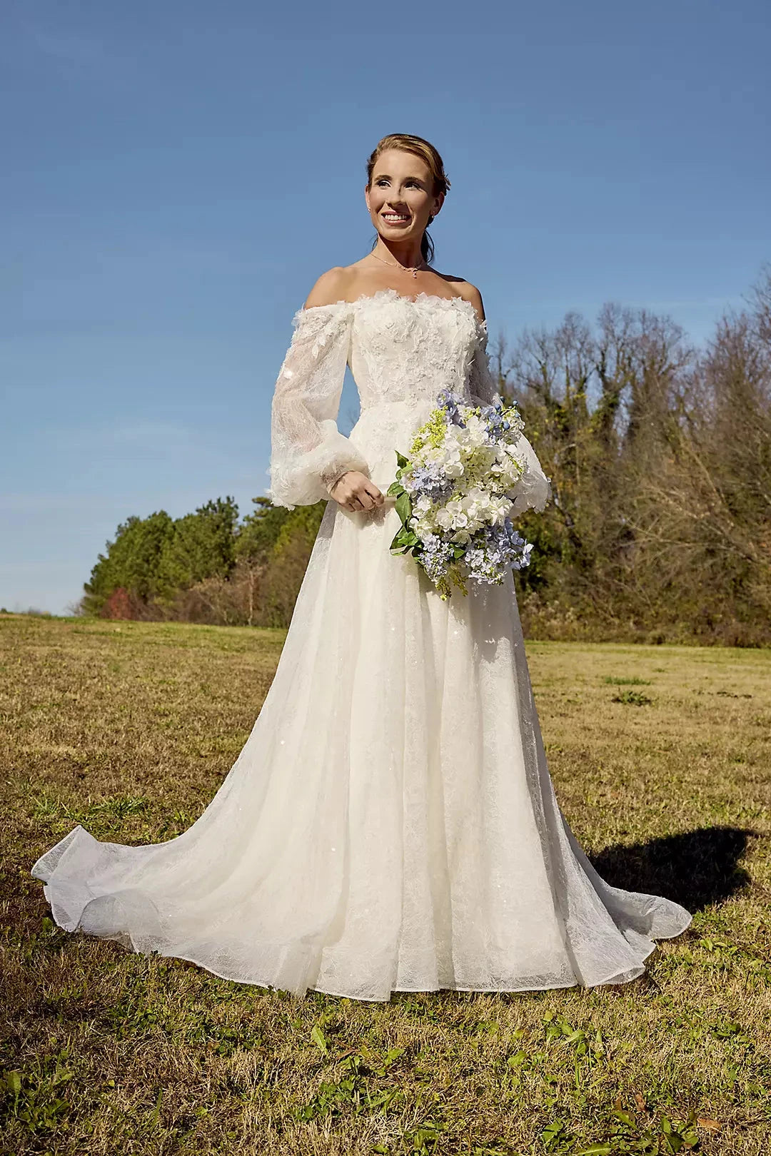 Enchanted Sparkle Ballgown Off-the-Shoulder Sheer Puff-Sleeve 3D Lace Sequin-Tulle Open-Back Train Wedding Dress by YiHuiw