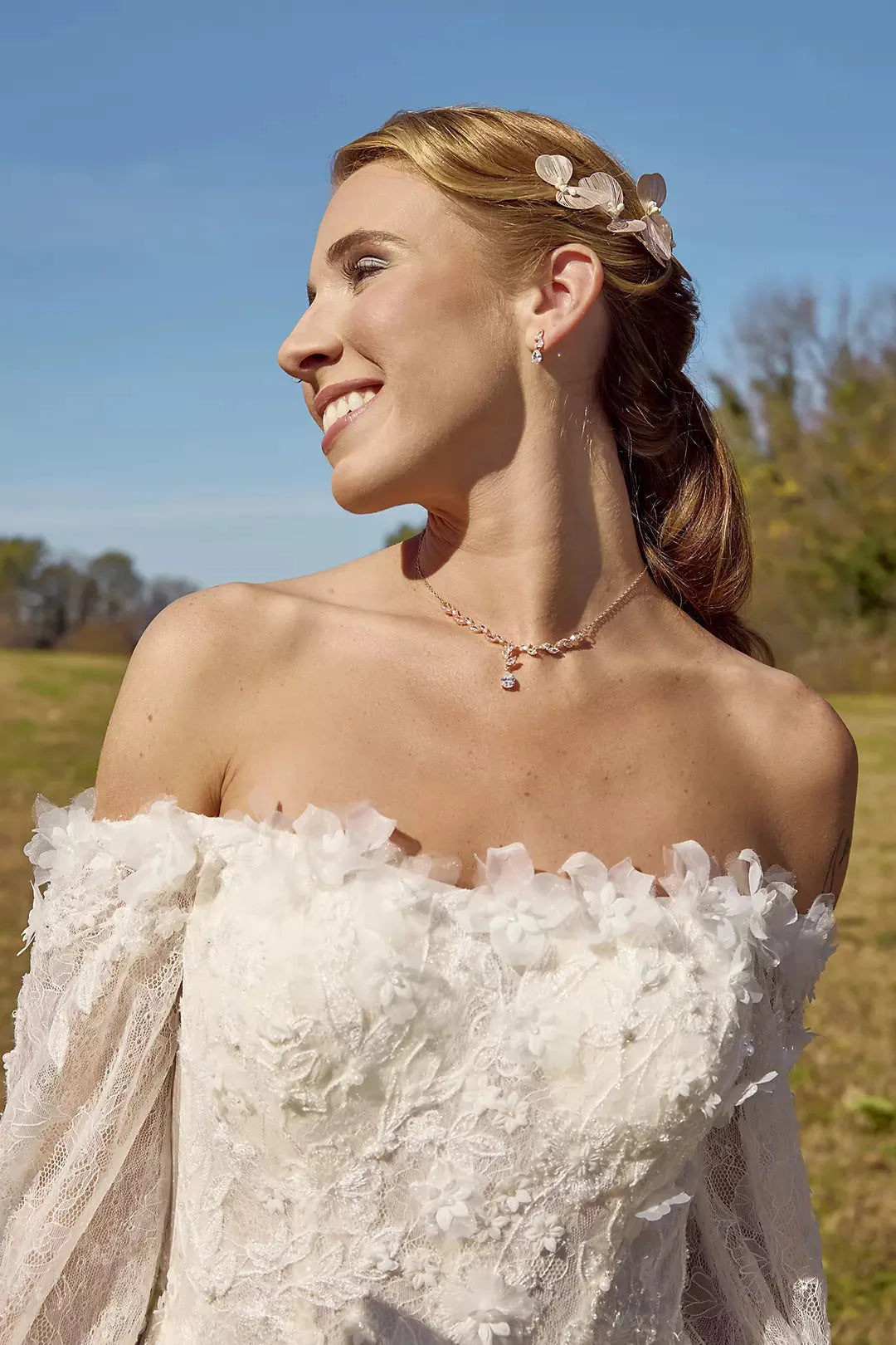 Enchanted Sparkle Ballgown Off-the-Shoulder Sheer Puff-Sleeve 3D Lace Sequin-Tulle Open-Back Train Wedding Dress by YiHuiw