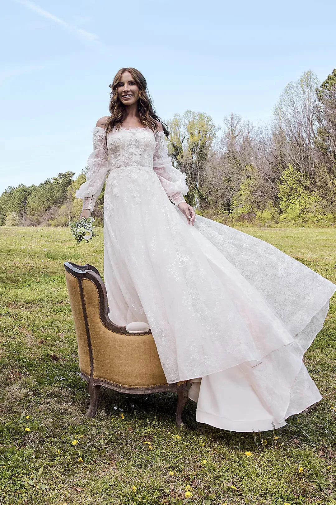 Enchanted Sparkle Ballgown Off-the-Shoulder Sheer Puff-Sleeve 3D Lace Sequin-Tulle Open-Back Train Wedding Dress by YiHuiw