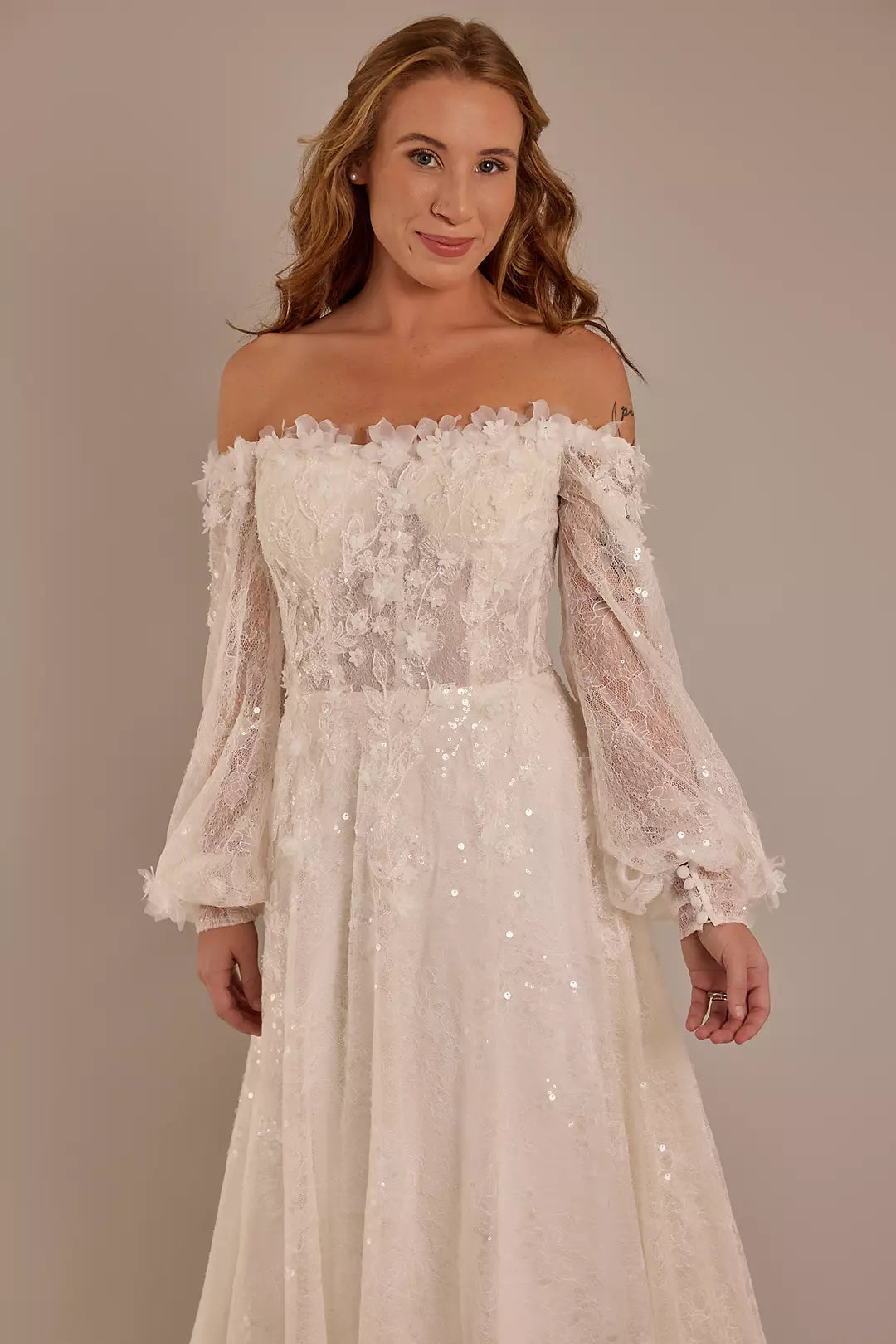 Enchanted Sparkle Ballgown Off-the-Shoulder Sheer Puff-Sleeve 3D Lace Sequin-Tulle Open-Back Train Wedding Dress