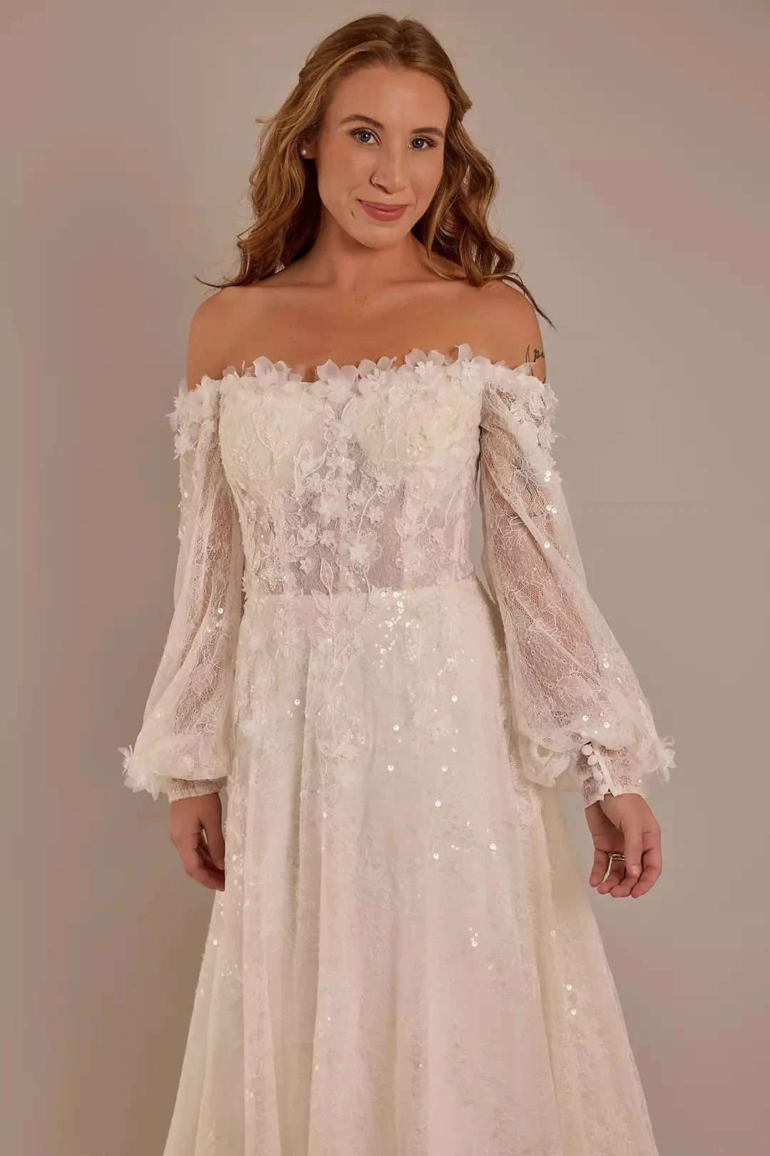 Enchanted Sparkle Ballgown Off-the-Shoulder Sheer Puff-Sleeve 3D Lace Sequin-Tulle Open-Back Train Wedding Dress by YiHuiw