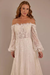 Enchanted Sparkle Ballgown Off-the-Shoulder Sheer Puff-Sleeve 3D Lace Sequin-Tulle Open-Back Train Wedding Dress