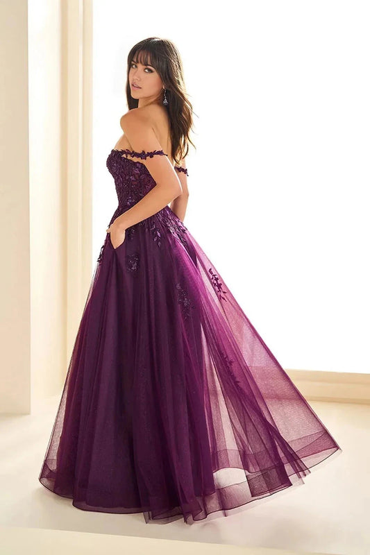 Enchanting A-Line Sweetheart Off the Shoulder Lace Back Floor Length Prom Dress by YiHuiw