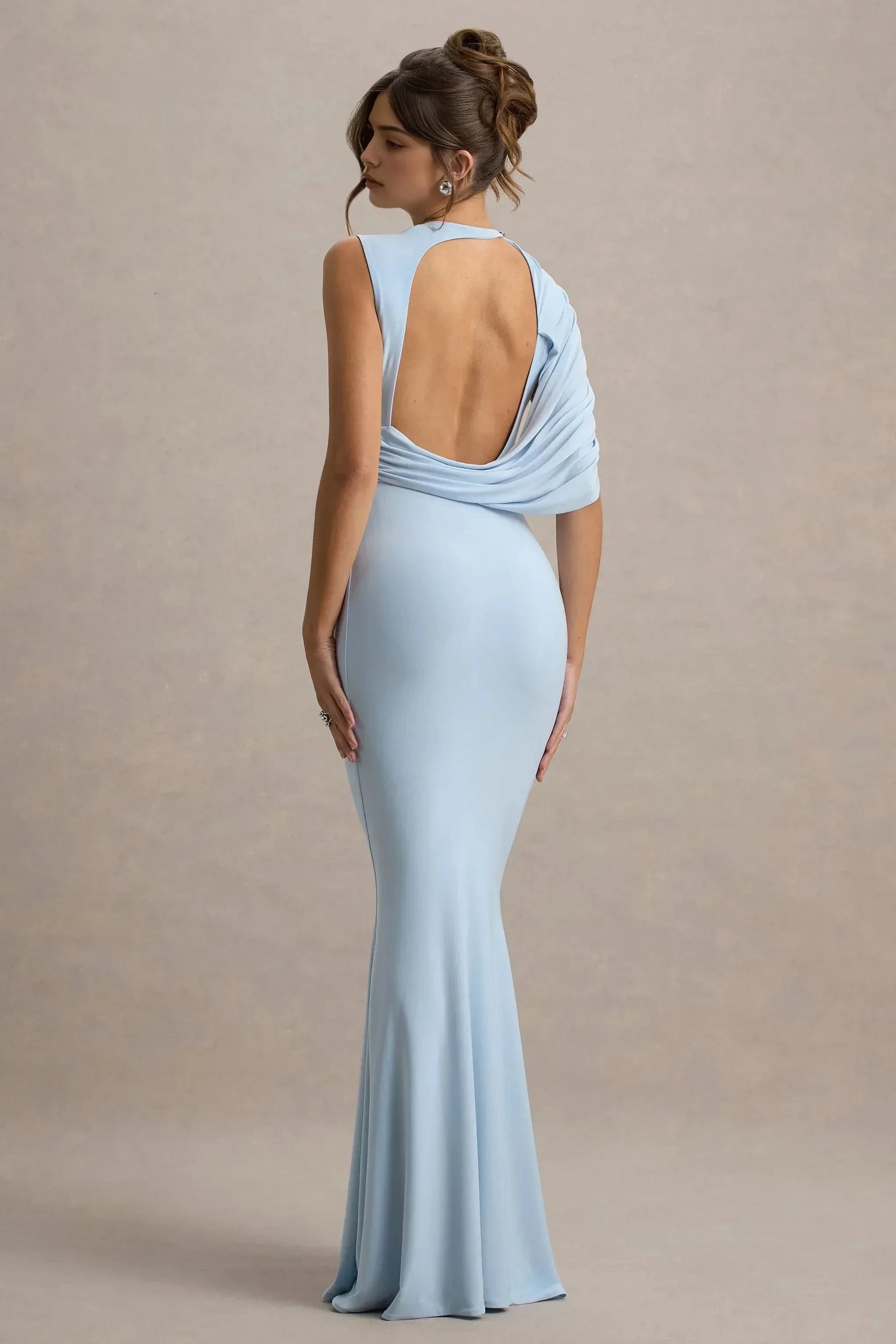Enchanting Mermaid Crew Neck Asymmetric Draped Sleeve Open Back Floor Length Prom Dress by YiHuiw