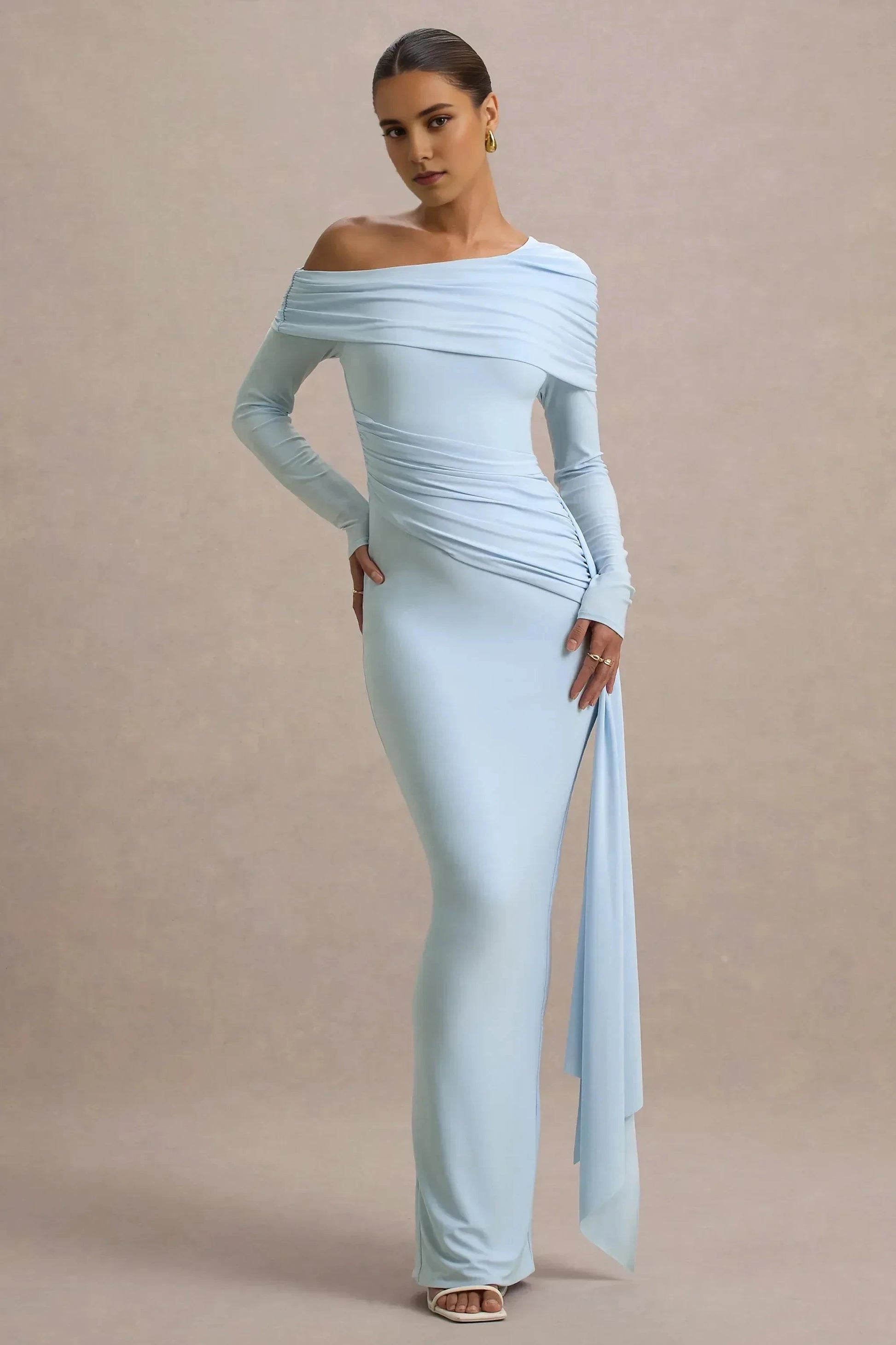 Enchanting Mermaid One Shoulder Long Sleeve Ruched Drape Floor Length Prom Dress by YiHuiw
