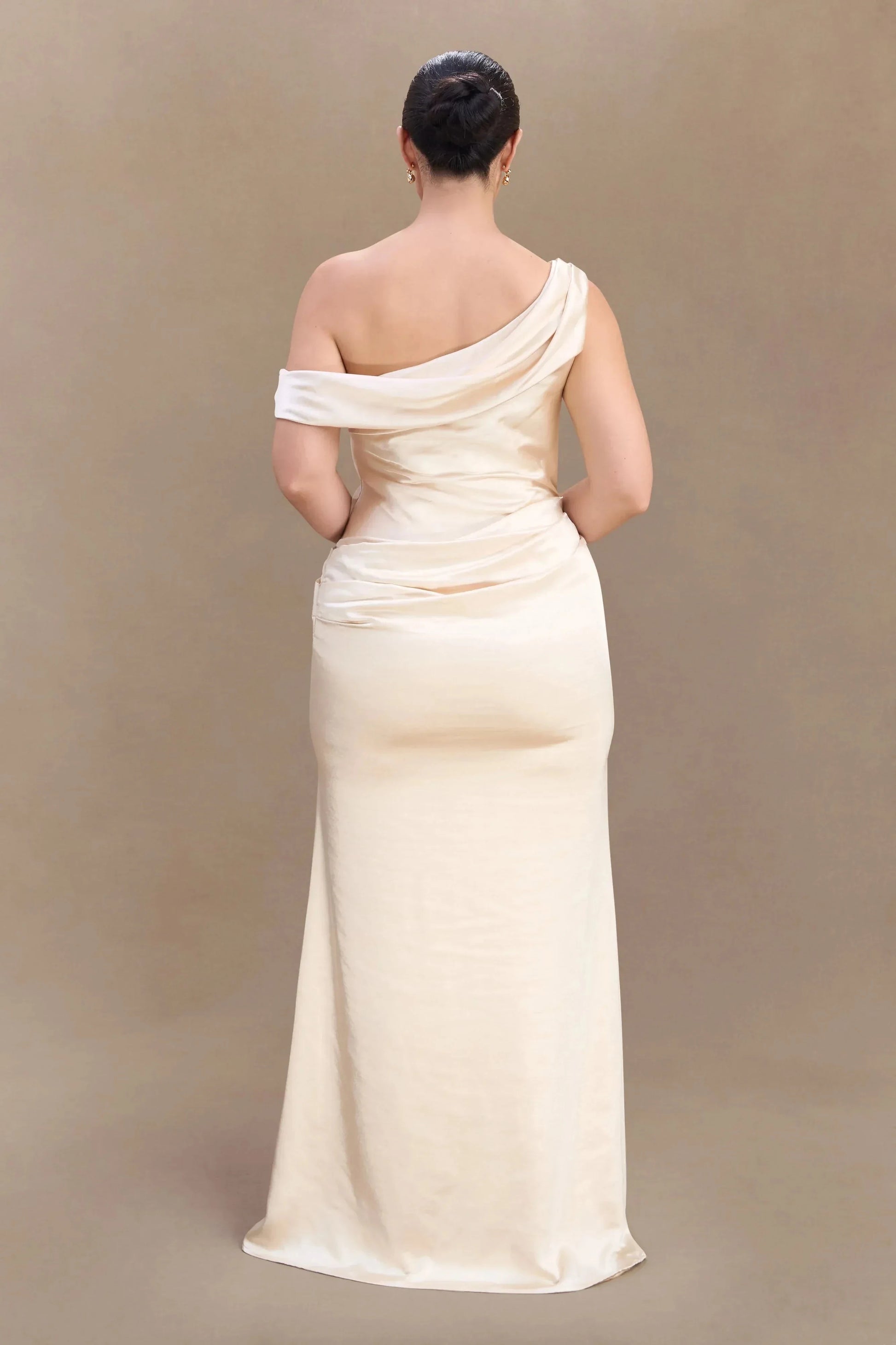 Enchanting Plus Size Sheath One Shoulder Sleeveless Draped Back Floor Length Prom Dress by YiHuiw