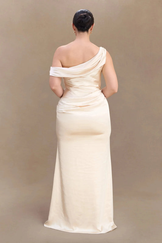 Enchanting Plus Size Sheath One Shoulder Sleeveless Draped Back Floor Length Prom Dress by YiHuiw