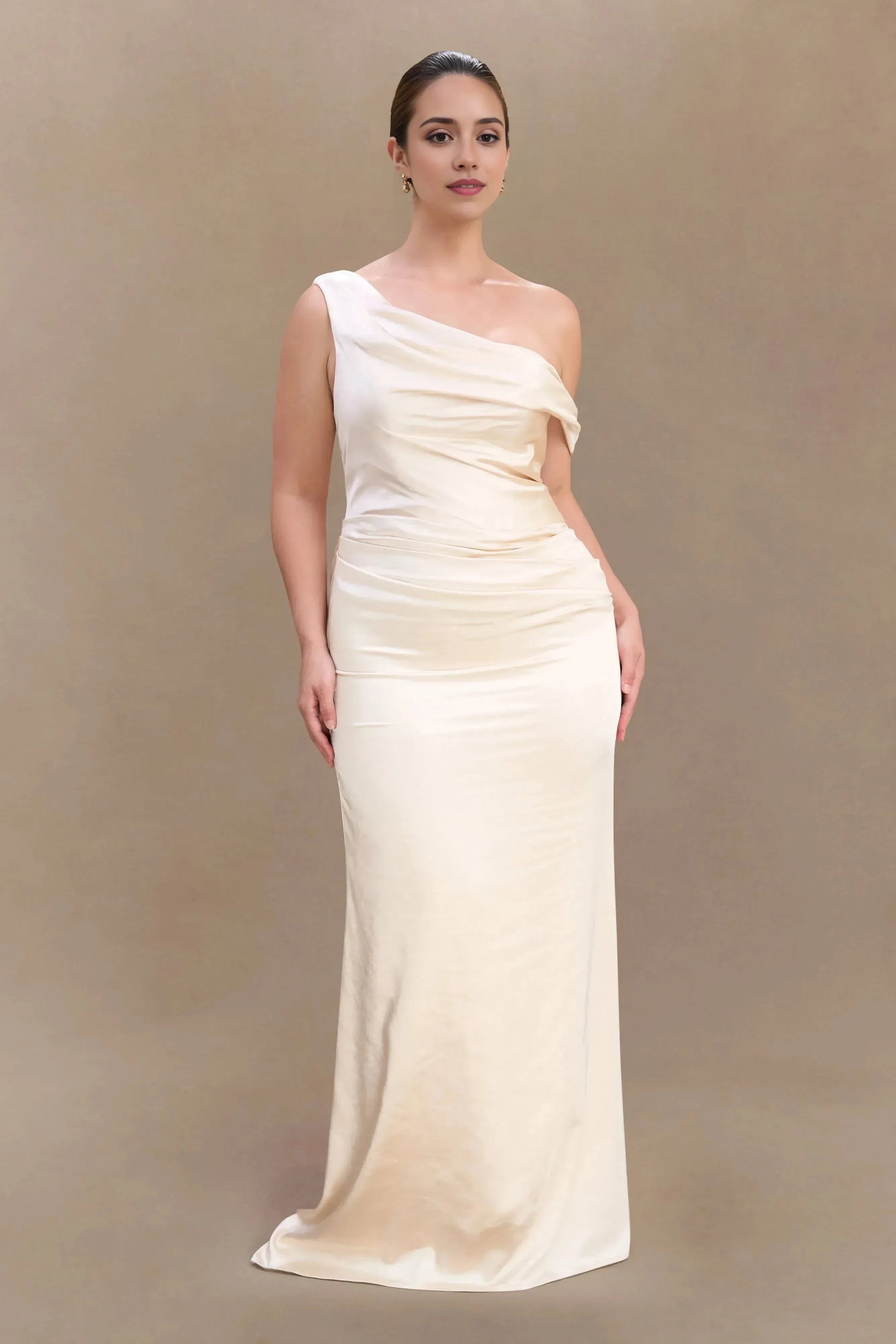 Enchanting Plus Size Sheath One Shoulder Sleeveless Draped Back Floor Length Prom Dress by YiHuiw