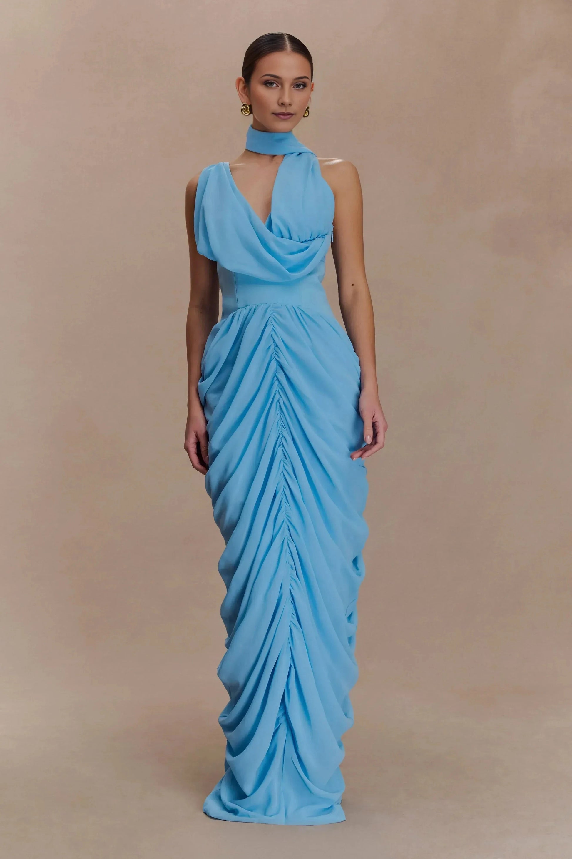 Enchanting Sheath Cowl Neck Sleeveless Draped Back Floor Length Prom Dress by YiHuiw
