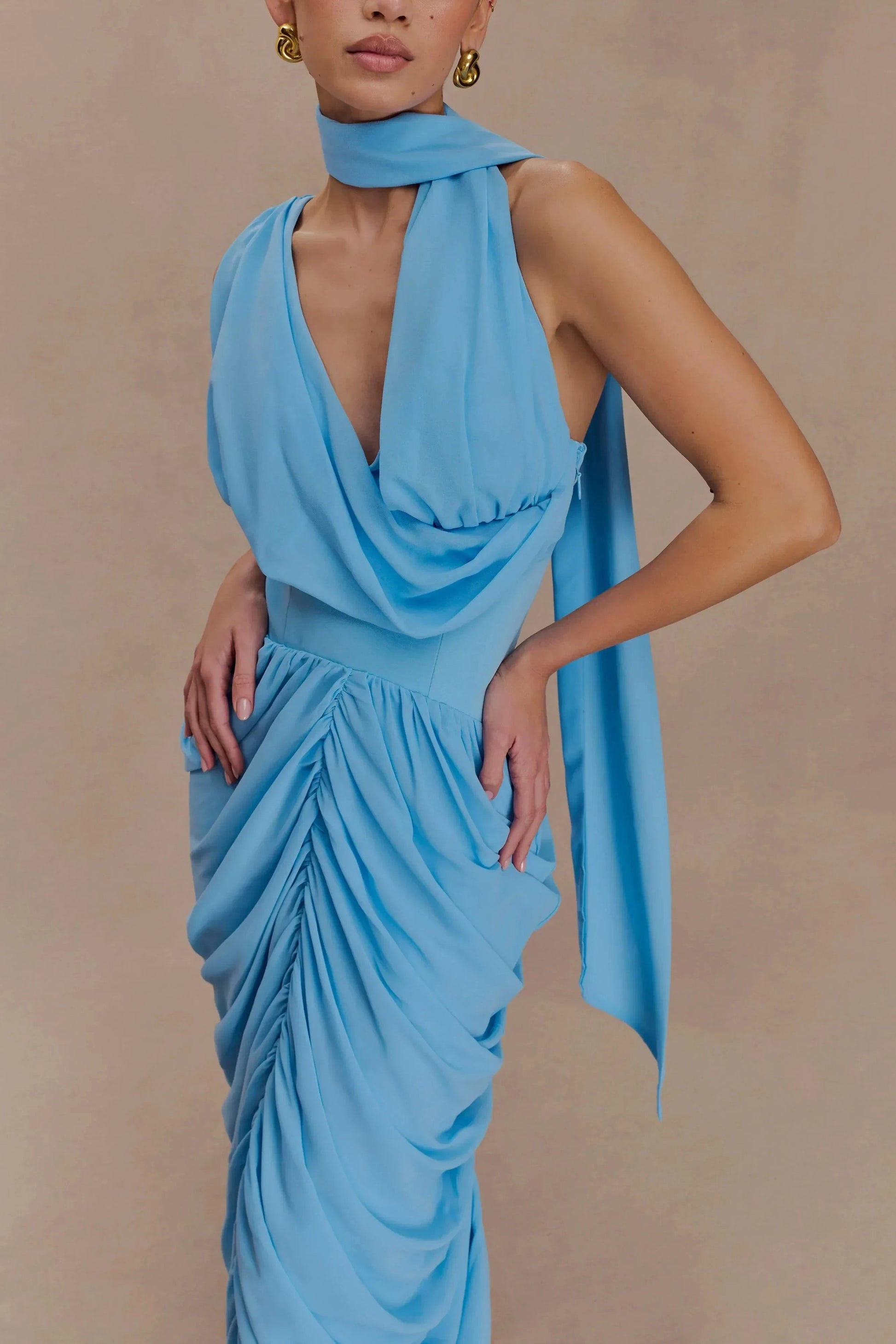 Enchanting Sheath Cowl Neck Sleeveless Draped Back Floor Length Prom Dress by YiHuiw