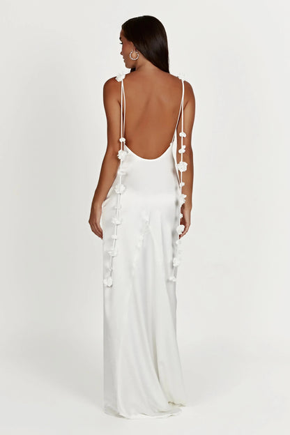 Enchanting Sheath Cowl Neck Spaghetti Strap Floral Detail Open Back Floor Length Prom Dress by YiHuiw