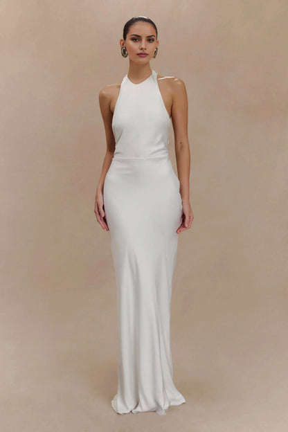 Enchanting Sheath Halter Neck Sleeveless Open Back Floor Length Prom Dress by YiHuiw