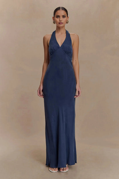 Enchanting Sheath Halter Neck Sleeveless Tie Back Open Back Floor Length Prom Dress by YiHuiw