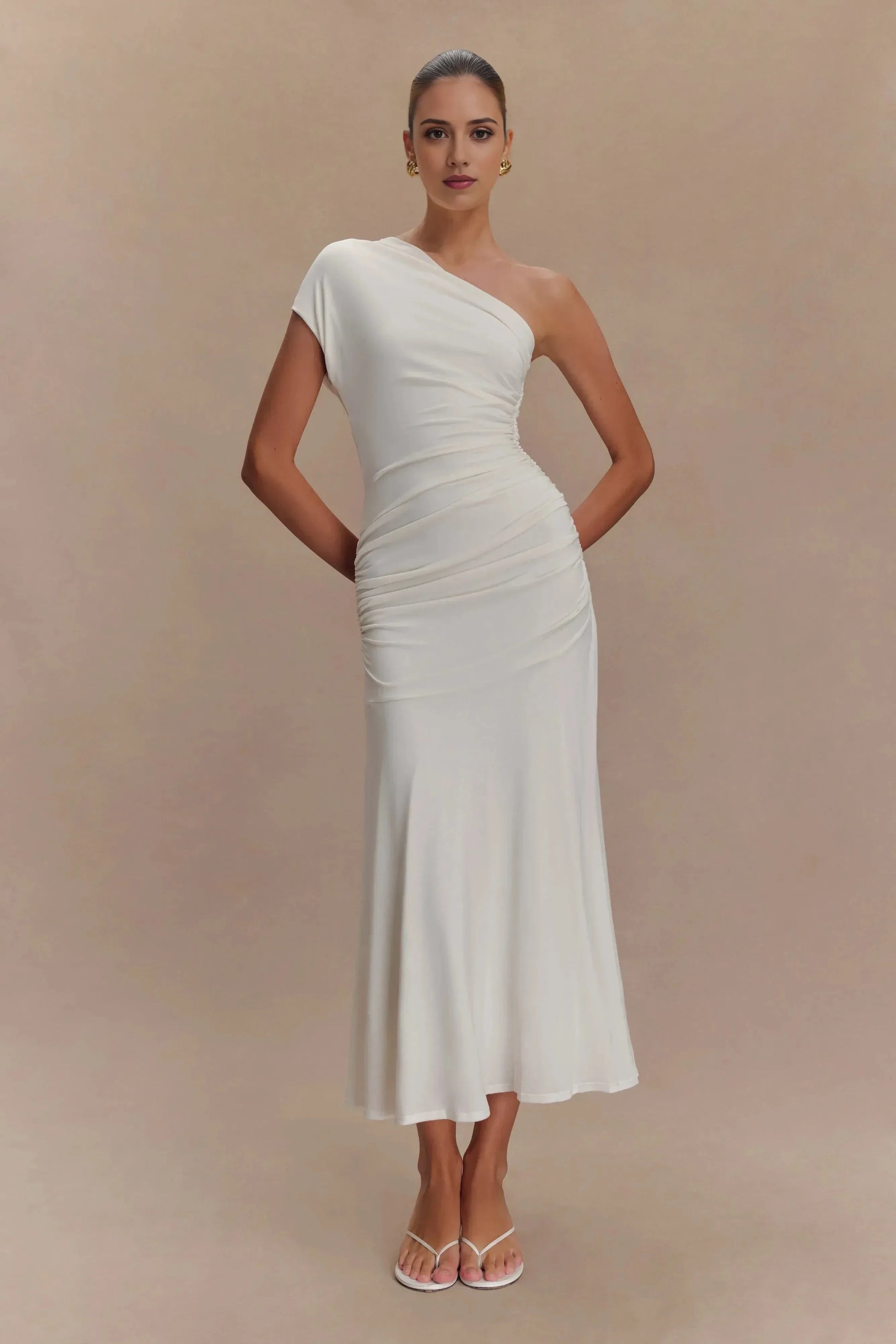 Enchanting Sheath One Shoulder Short Sleeve Ruched Back Midi Length Prom Dress by YiHuiw