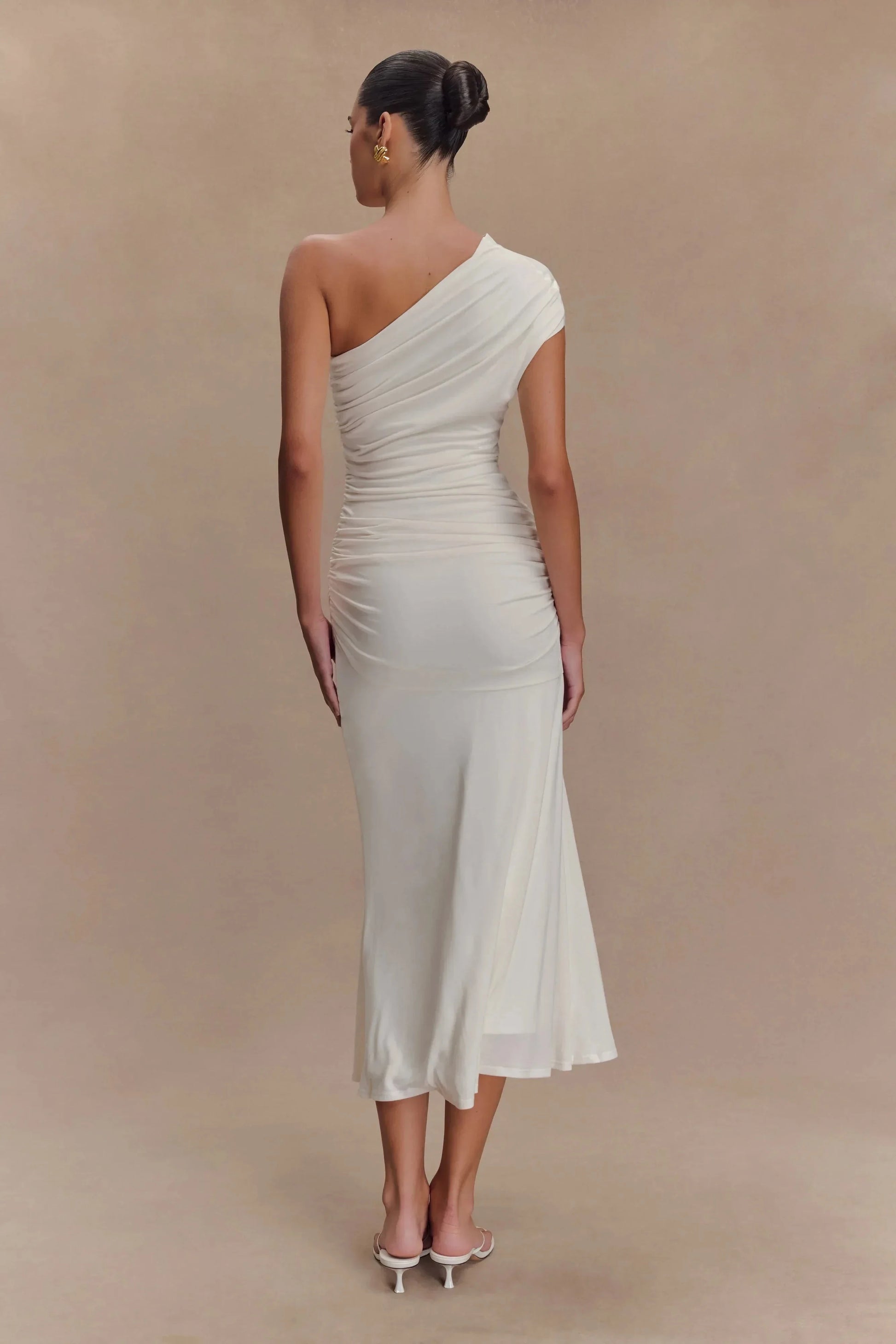 Enchanting Sheath One Shoulder Short Sleeve Ruched Back Midi Length Prom Dress by YiHuiw