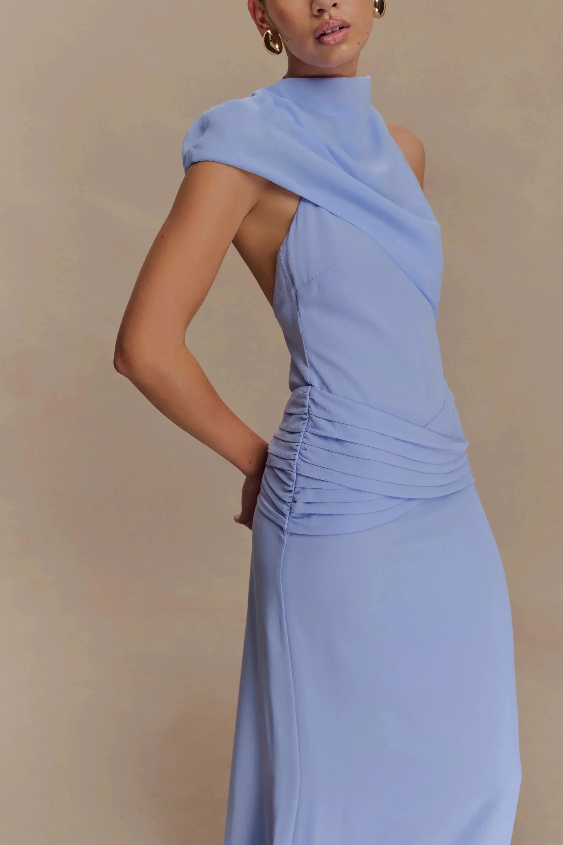 Enchanting Sheath One Shoulder Sleeveless Ruched Open Back Floor Length Prom Dress by YiHuiw