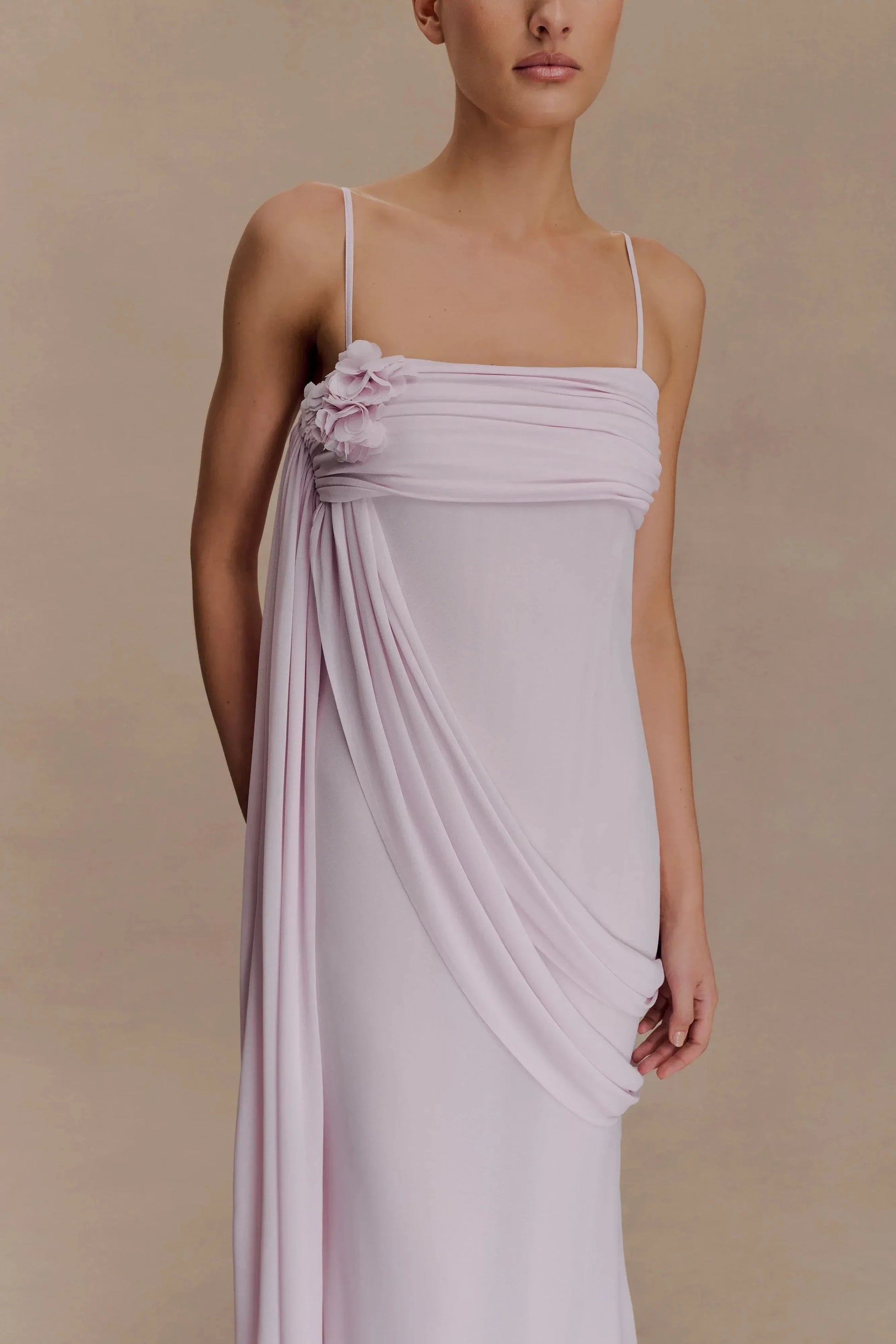 Enchanting Sheath Square Neck Spaghetti Strap Draped Floral Detail Floor Length Prom Dress by YiHuiw