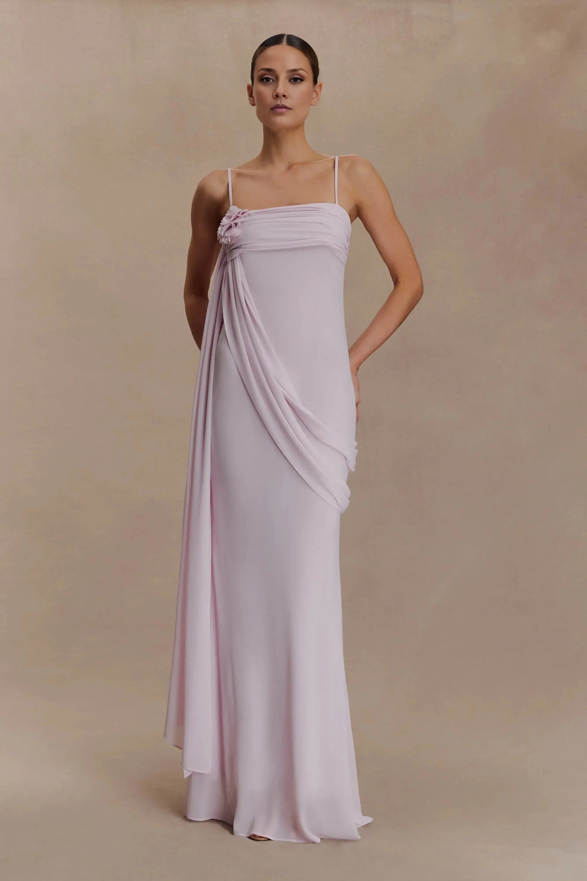Enchanting Sheath Square Neck Spaghetti Strap Draped Floral Detail Floor Length Prom Dress by YiHuiw