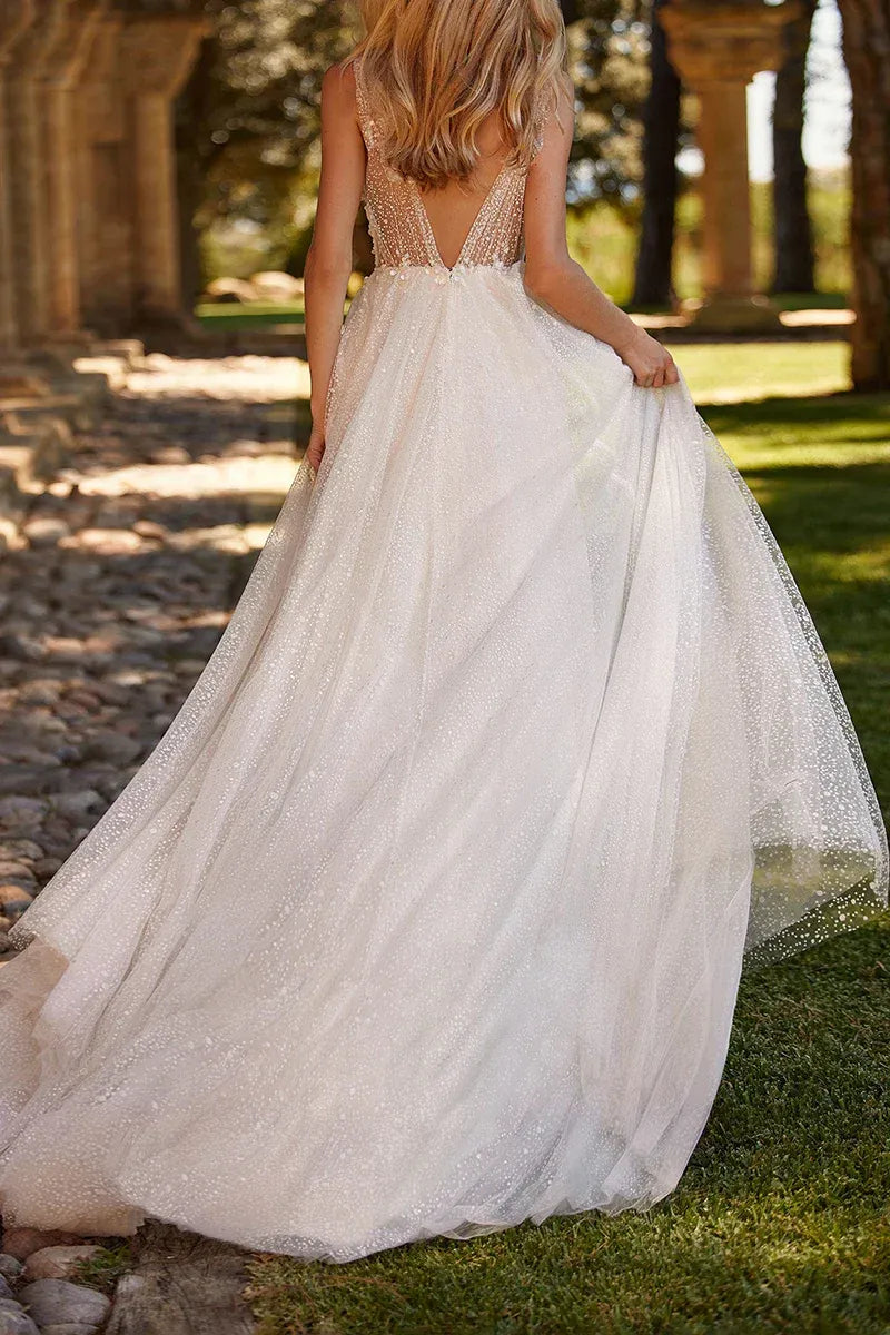 A-Line V-Neck Tulle Floor-Length Wedding Dress - Yihuiw by Yihuiw