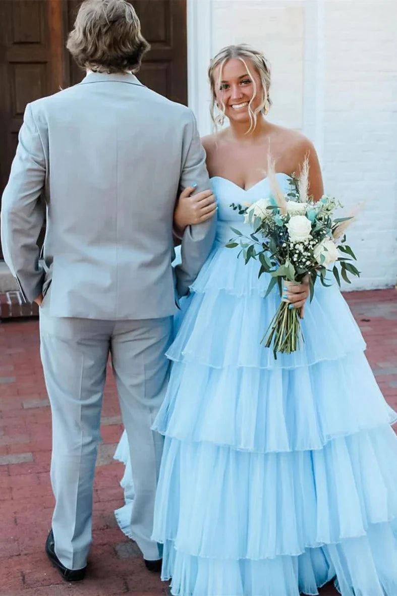 Enchanting Strapless Sweetheart Tiered Tulle Ball Gown Prom Dress with Dramatic Train by JiMiss Dresses