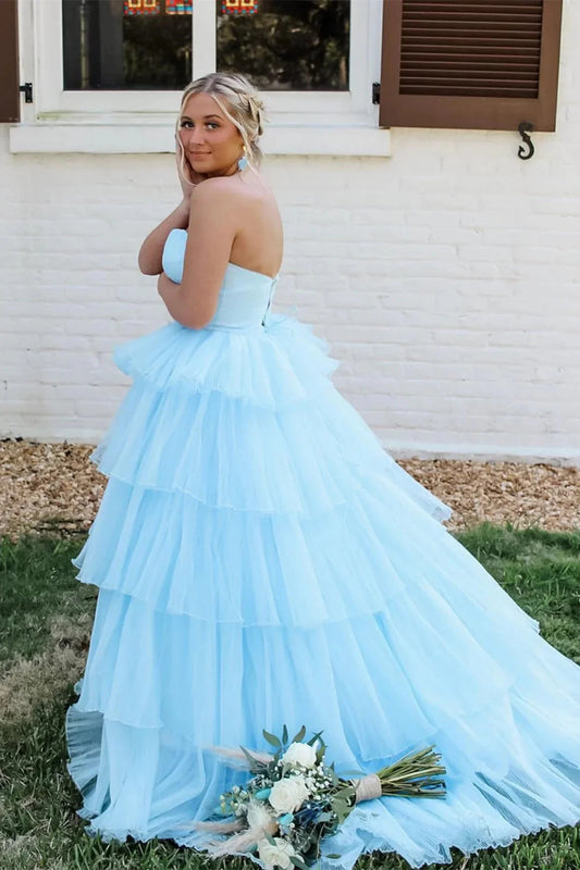 Enchanting Strapless Sweetheart Tiered Tulle Ball Gown Prom Dress with Dramatic Train by JiMiss Dresses