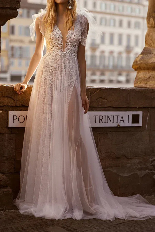 A-Line V-Neck Tulle Floor-Length Wedding Dress - Yihuiw by Yihuiw