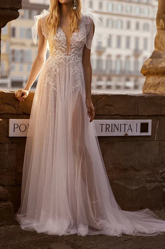 A-Line V-Neck Tulle Floor-Length Wedding Dress - Yihuiw by Yihuiw