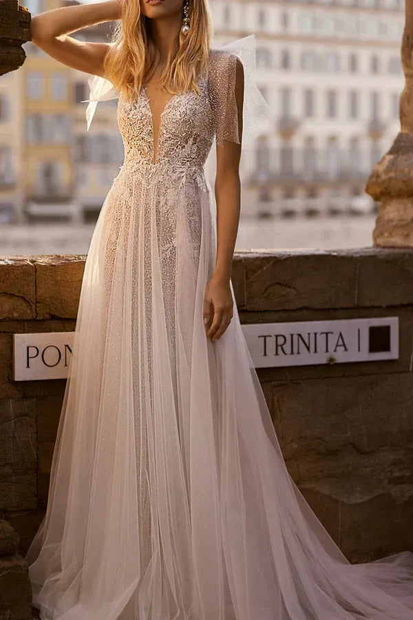 A-Line V-Neck Tulle Floor-Length Wedding Dress - Yihuiw by Yihuiw