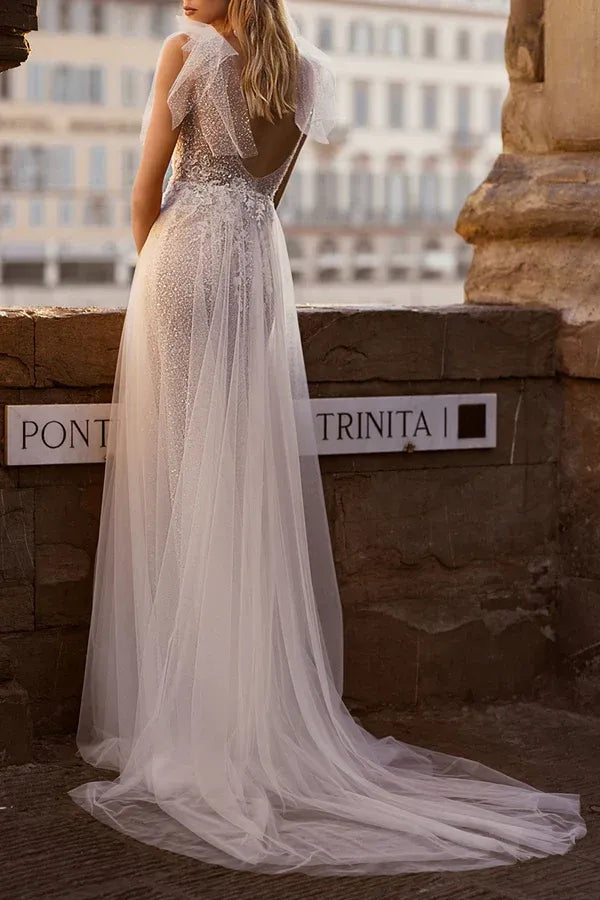 A-Line V-Neck Tulle Floor-Length Wedding Dress - Yihuiw by Yihuiw