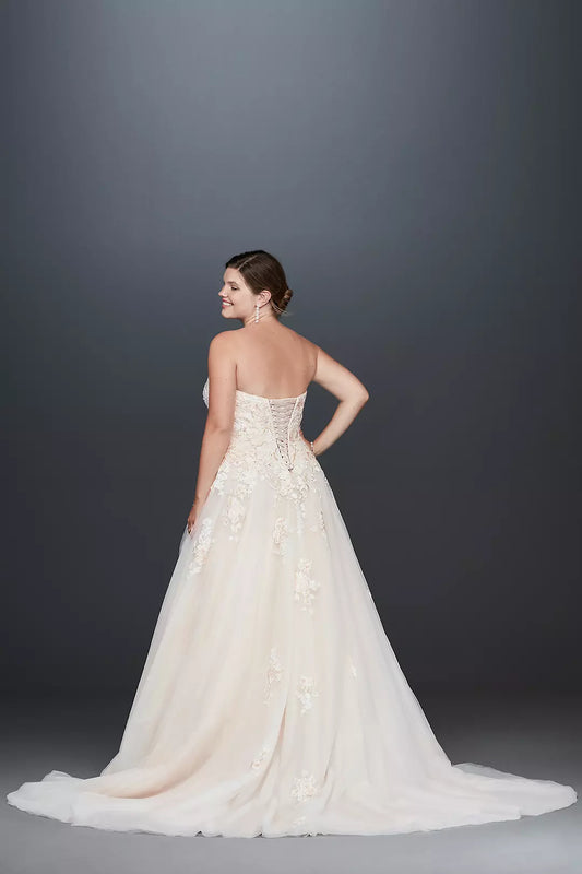 Enchanting A-Line Strapless Lace-Embellished Corset Back Tulle Train Wedding Dress