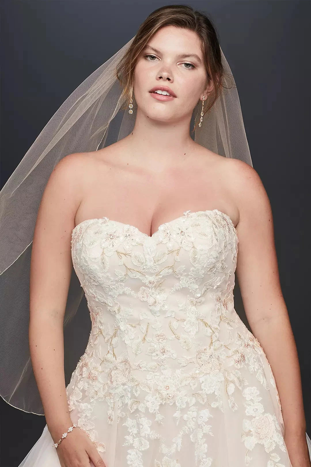 Enchanting A-Line Strapless Lace-Embellished Corset Back Tulle Train Wedding Dress by YiHuiw