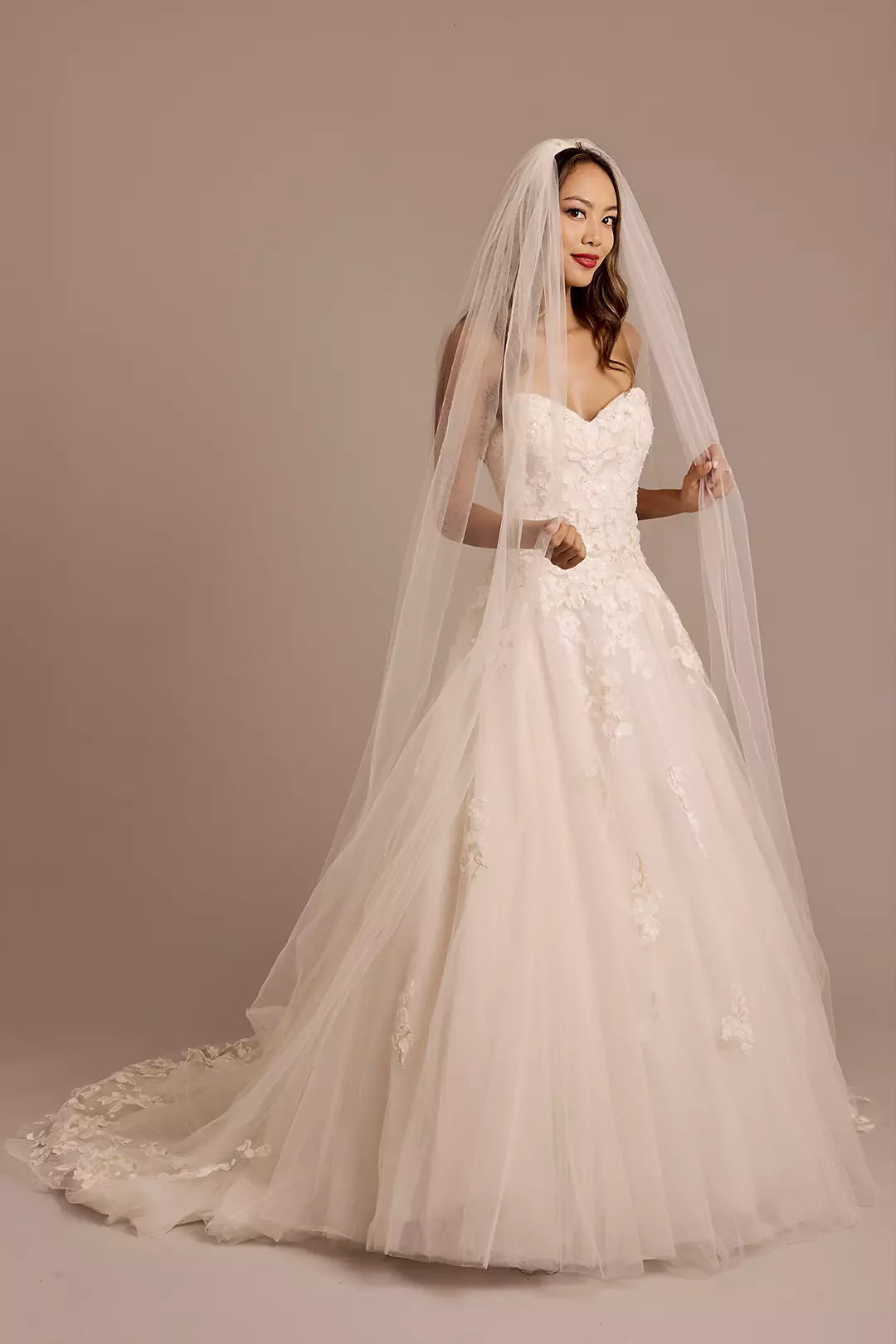 Enchanting A-Line Strapless Lace-Embellished Corset Back Tulle Train Wedding Dress