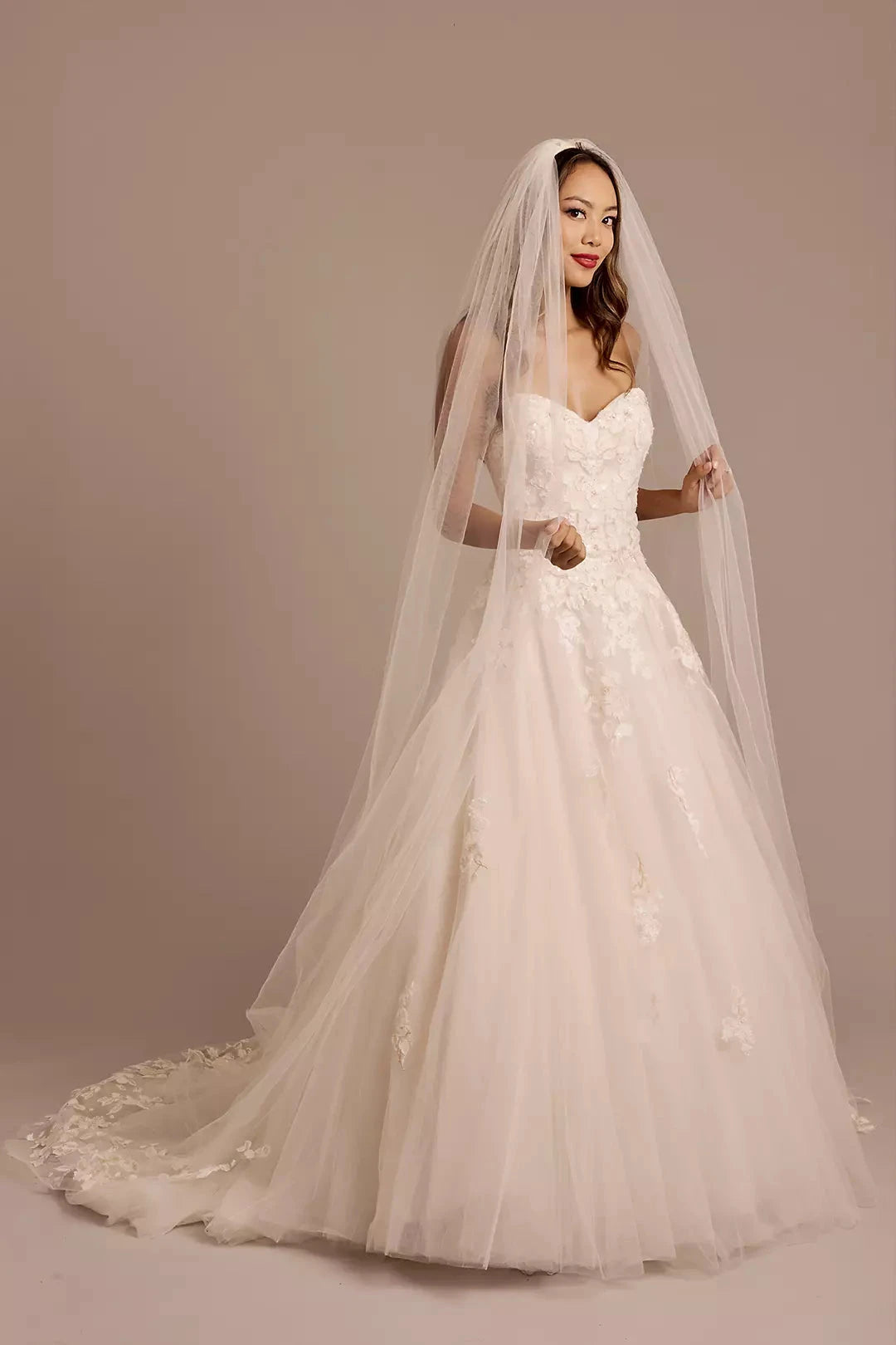 Enchanting A-Line Strapless Lace-Embellished Corset Back Tulle Train Wedding Dress by YiHuiw