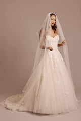 Enchanting A-Line Strapless Lace-Embellished Corset Back Tulle Train Wedding Dress