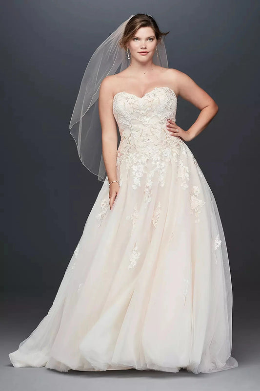 Enchanting A-Line Strapless Lace-Embellished Corset Back Tulle Train Wedding Dress by YiHuiw
