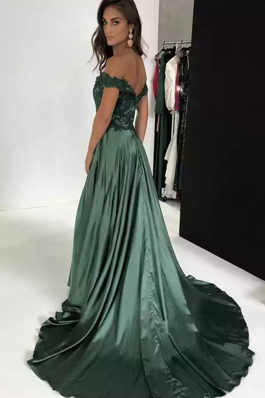 Enchanting Emerald Green Satin A-Line Dress with Off-the-Shoulder Lace Bodice & High Slit
