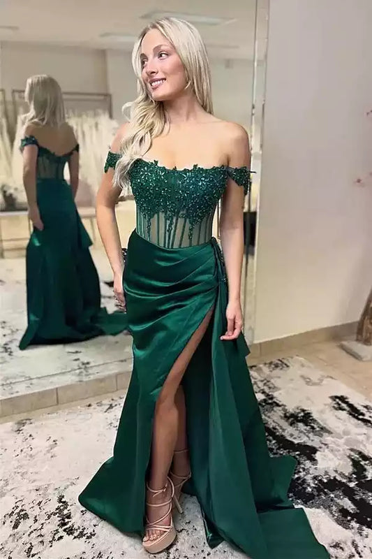 Enchanting Emerald Green Satin Mermaid Dress with Off-the-Shoulder Lace Bodice & High Slit
