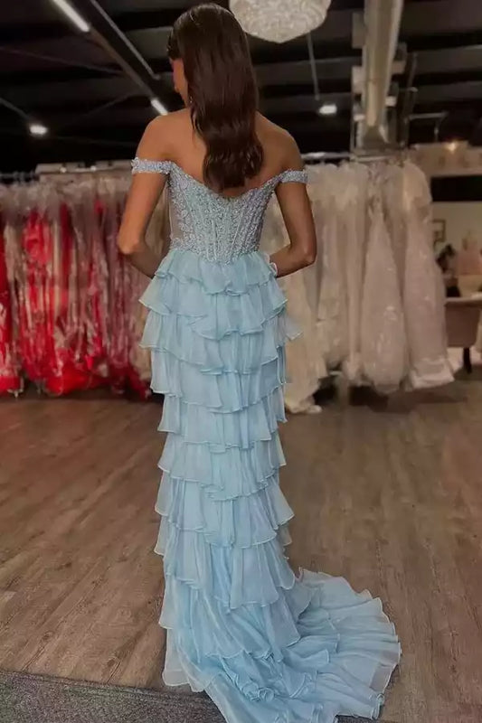 Enchanting Light Blue Mermaid Dress with Off-the-Shoulder Lace Bodice & Ruffled Train