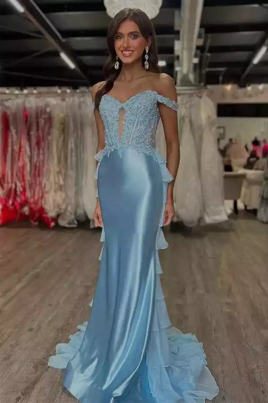 Enchanting Light Blue Mermaid Dress with Off-the-Shoulder Lace Bodice & Ruffled Train