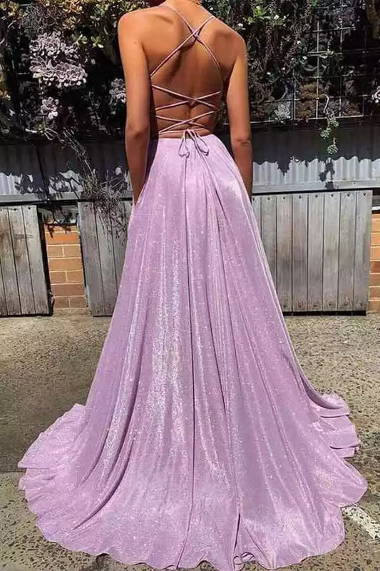 Enchanting Lilac Shimmer A-Line Prom Dress with Plunge V-Neck & Lace-Up Back