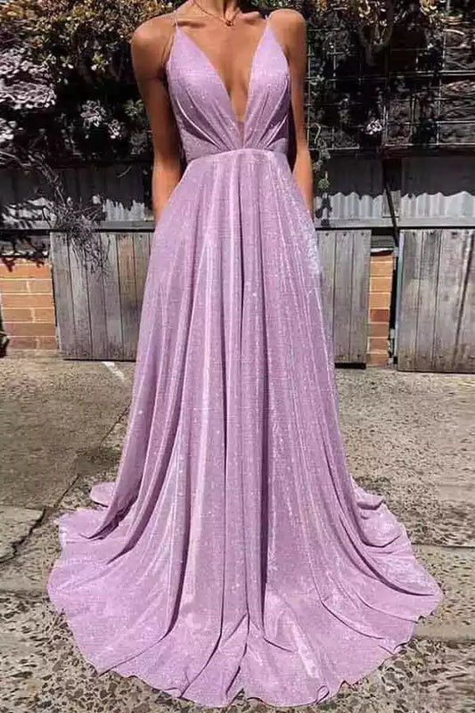 Enchanting Lilac Shimmer A-Line Prom Dress with Plunge V-Neck & Lace-Up Back